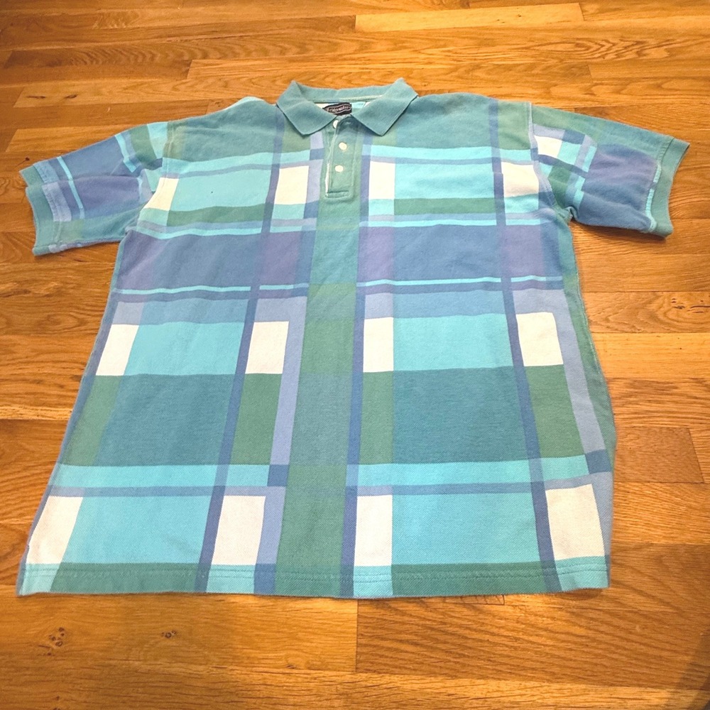 Bridgewater Mens XL Blue Teal‎ Plaid Cotton Short Sleeve Polo Shirt